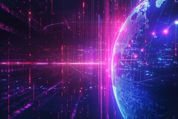 A vibrant digital globe emerges from a backdrop of glowing data streams and intricate lines, illustrating a futuristic vision of global connectivity at night.