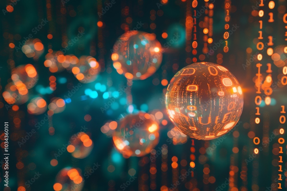 Poster abstract visual of glowing spheres symbolizing data and technology, intertwined with streaming binar