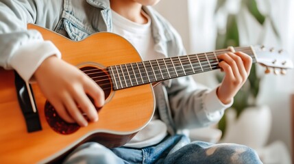 Obraz premium A child playing an acoustic guitar indoors, showcasing musical talent and creativity in a cozy living space