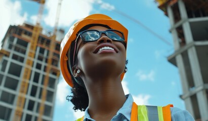 Black woman in her mid-20s wearing construction gear, smiling and looking up at the sky, with modern architecture being built behind her