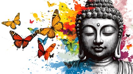 Buddha with butterflies, a colorful ink wash style vector illustration on a white background, suitable for t-shirt design