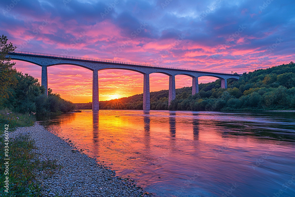 Wall mural Vibrant sunset reflecting over river near bridge in serene landscape