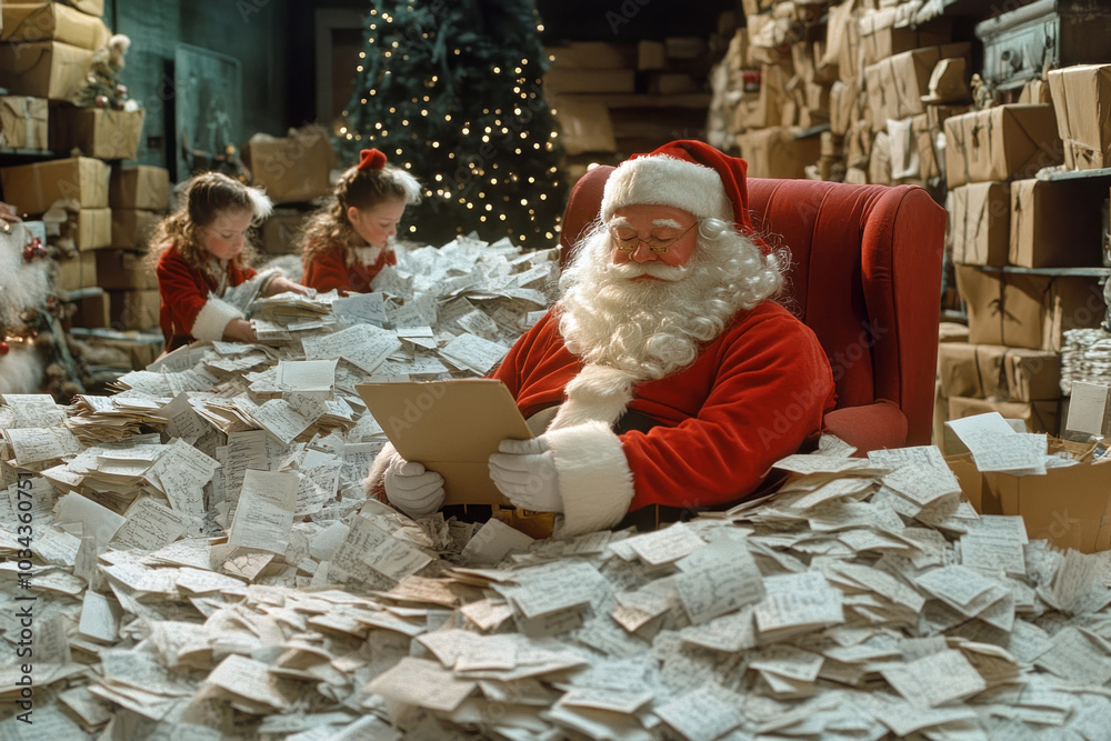 Poster Santa Claus sitting in a pile of paper, surrounded by letters and wish lists.