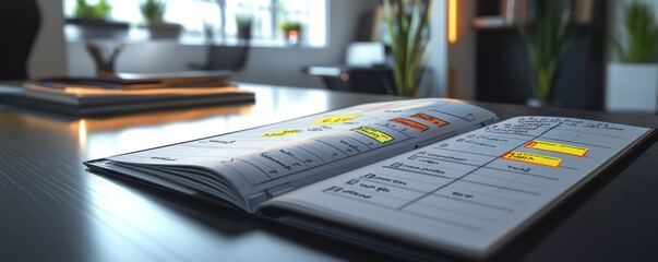 open planner on a sleek desk with neatly written notes and highlighted sections
