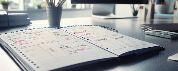 open planner on a sleek desk with neatly written notes and highlighted sections