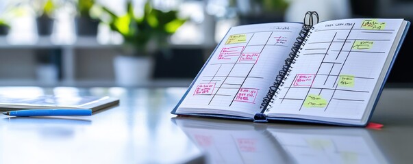 open planner on a sleek desk with neatly written notes and highlighted sections