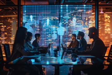 Professionals engage in a collaborative discussion in a contemporary workspace, utilizing holographic technology to visualize data against a vibrant city backdrop at night.