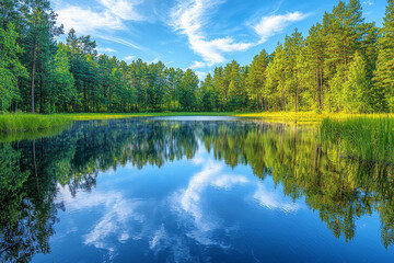 Obraz premium Serene lake surrounded by lush green forest on a sunny day