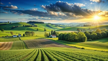 Fototapeta premium Scenic countryside landscape with rolling hills and sunrise in the background