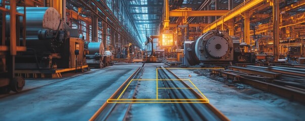 Obraz premium Industrial factory with metal rails and machines.