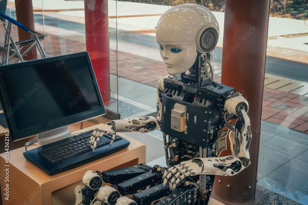 Poster a humanoid robot is seated at a computer workstation, engaging with the device, demonstrating the in