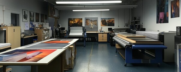 Large printing press in a spacious art studio.