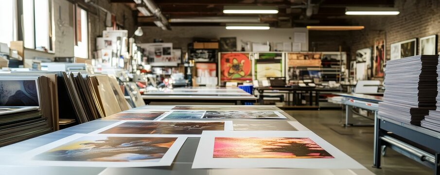 Printed photographs laid out on a table in a print