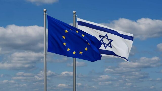 Israel and European Union flags flying together, video concept of the relationship, two country relations concept