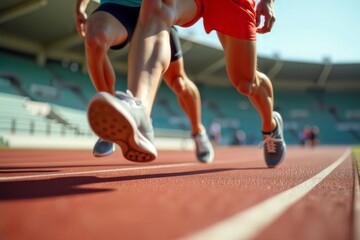 Fototapeta premium Sprinting athletes. Two runners in mid-stride on a track during a competitive race.