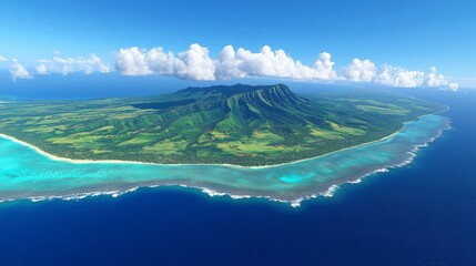Aerial view of a tropical island with lush green vegetation, a white sandy beach, and turquoise blue water.