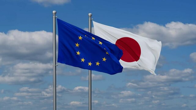 Japan and European Union flags flying together, video concept of the relationship, two country relations concept