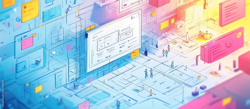 Wall mural abstract illustration of a network with small figures and colorful shapes.