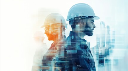 Engineering worker industry double exposure city concept, construction buil;ding city development planning innovation, contractor technician, architect, city background blue banner.