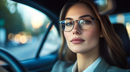 Young woman wearing glasses sits confidently in a modern car on a sunny day, showcasing a stylish look and serene expression
