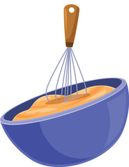 Metal whisk is mixing dough in a blue bowl, preparing ingredients for baking