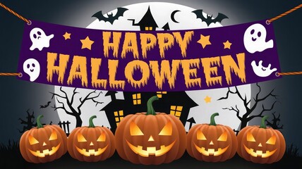 A poster for Halloween with pumpkins and bats on it.