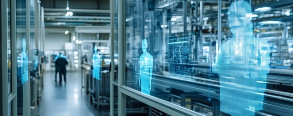 Fototapeta premium Digital human figures in a factory setting.