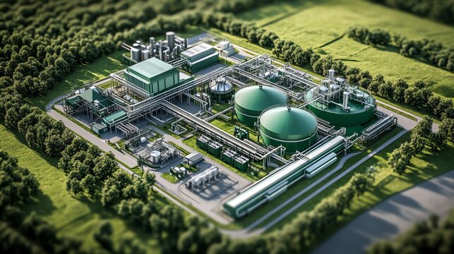 Green biofuel plant, surrounded by greenery, sustainable fuel processing