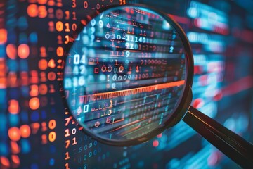 A magnifying glass highlights intricate binary code patterns in a vibrant display of numbers and colors, showcasing data analysis and technology at work.