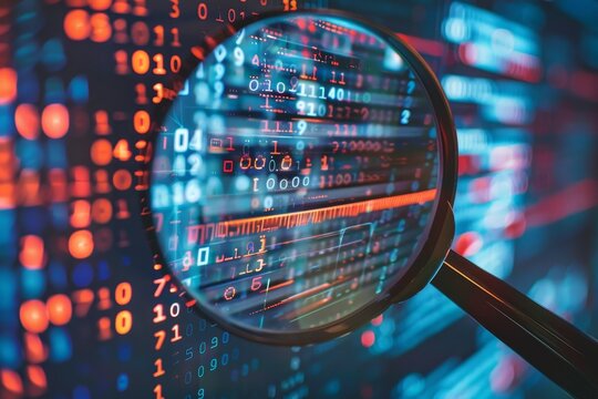 A magnifying glass highlights intricate binary code patterns in a vibrant display of numbers and colors, showcasing data analysis and technology at work.