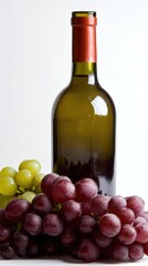 Fototapeta premium Wine bottle and grapes, alcohol drink on white background