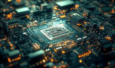 Obraz premium Close up of a circuit board with glowing lights.