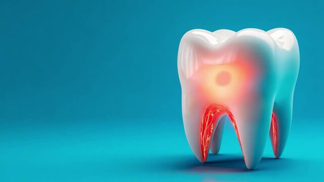A glossy 3D model of a tooth showcases its inner structure with glowing details against a vibrant blue backdrop