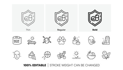 Bicycle parking, World vaccination and Fruits line icons. Pack of Aroma candle, Lounger, Basketball icon. Medical drugs, Medical tablet, Leaves pictogram. Health skin, Toilet paper, Dog paw. Vector