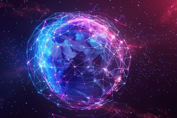 This artwork features a vibrant representation of Earth, enveloped in glowing interconnected lines and networks, set against a starry cosmic space background.