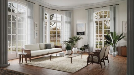 A living room with a couch, chairs, and a table with a view of the ocean.