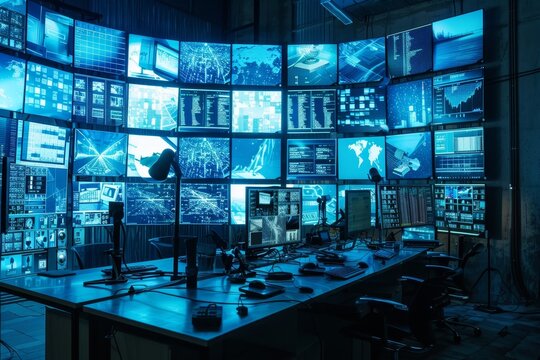 An expansive command center features numerous screens showcasing real-time data analysis, graphs, and global maps, creating a high-tech atmosphere in a dimly lit room.