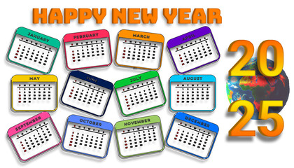 Happy new year 3d words and numbers, calender 2025. These crads gift are great for new year festival and decoration