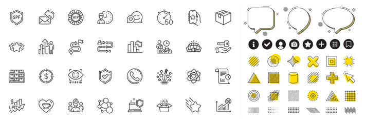 Set of Spf protection, Dating and Packing boxes line icons for web app. Design elements, Social media icons. 5g statistics, Storage, Buying house icons. Vector