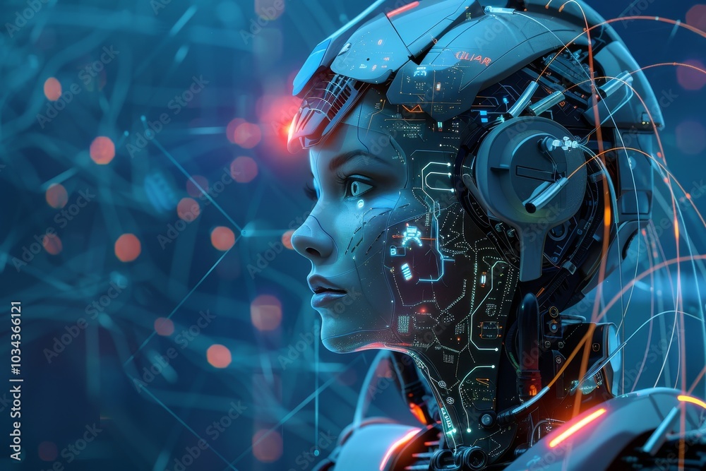 Poster a humanoid robot with intricate circuitry and glowing elements is engaged in an exploration of artif