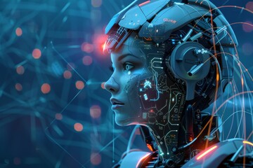 A humanoid robot with intricate circuitry and glowing elements is engaged in an exploration of artificial intelligence amidst a vibrant digital backdrop filled with interconnected lines.