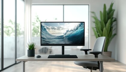 A minimalist office space with a large desktop monitor ergonomic chair and potted plant in the background