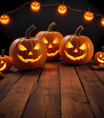 Halloween pumpkins on a wooden floor with Halloween lights