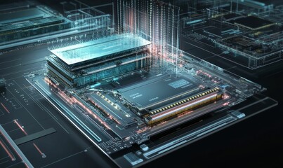 Circuit board with glowing lines and chip.