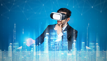 Caucasian businessman planning to invest in real estate while using VR glasses. Civil engineer design house construction while wearing visual reality glasses to connect global network. Deviation.