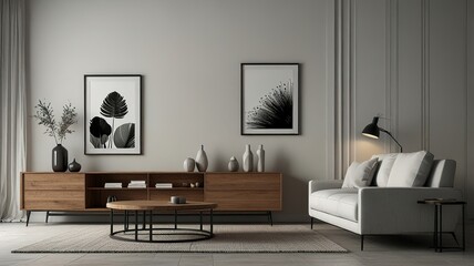 Modern Living Room Interior With Empty Wall, Sofa, House Plants And Coffee Table
