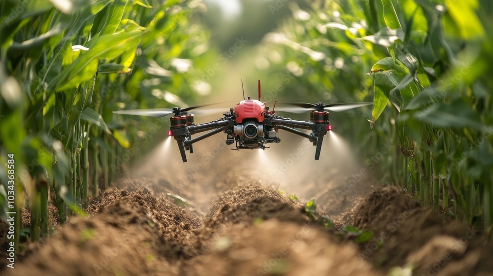 Poster a drone hovers low over a lush cornfield, efficiently applying spray to the crops as sunlight filter