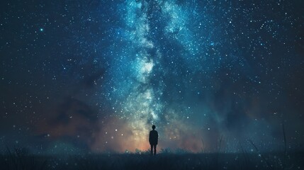 Fototapeta premium A Solitary Figure Gazes Up at a Starry Night Sky, Illuminated by the Milky Way