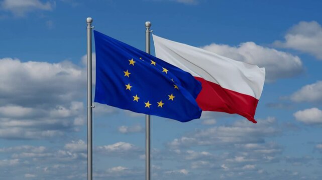 Poland and European Union flags flying together, video concept of the relationship, two country cooperation concept