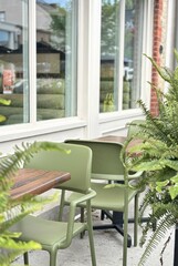 Fototapeta premium out door, steet, blue sky, green, table, sage green, avocado green, fern, table, chair, plants, tropical plant